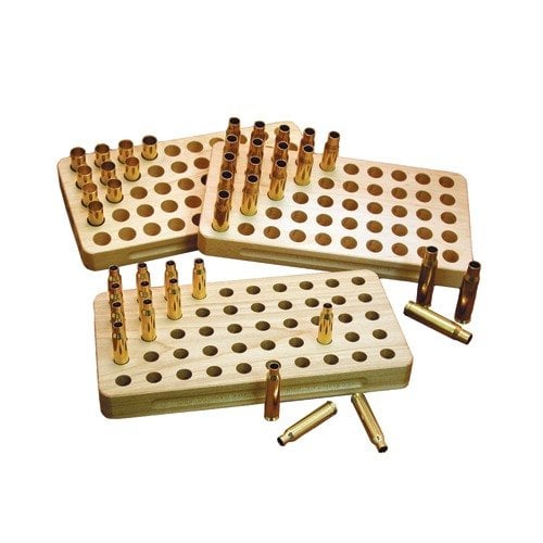 The STALWART Wooden Loading Blocks from Sinclair International hold 50 rounds of Belted Magnums securely, ensuring efficient organization and easy access during loading.