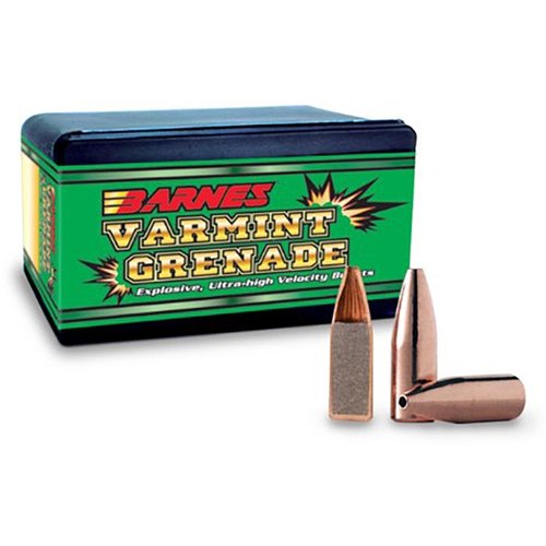 Experience superior performance with Barnes Varmint Grenade 20 Caliber bullets, featuring 26 grains of explosive energy for precise varmint hunting. 100 per box.