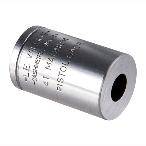 Ensure precise reloading with the L.E. Wilson Pistol Max Gage 41 Mag, measuring critical dimensions like mouth diameter, base diameter, and overall case length.