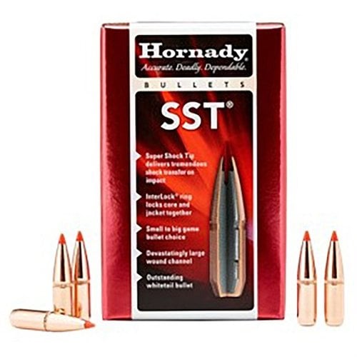 Hornady's INTERLOCK 7MM SST Bullets feature a polymer tip and boattail design for improved accuracy and terminal performance, ideal for hunters and shooters.