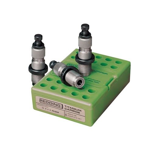 The Redding Carbide 3-Die Set for .38 Special/.357 Mag features a Titanium Carbide sizing die for lubeless resizing, ensuring durability and precision in reloading.
