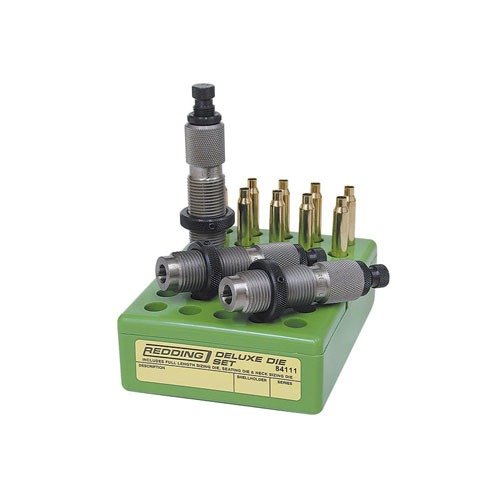 Redding's Deluxe 3-Die Set ensures precise ammunition fitting with premium alloy steel dies, featuring full length sizing, neck sizing, and a standard seating die.