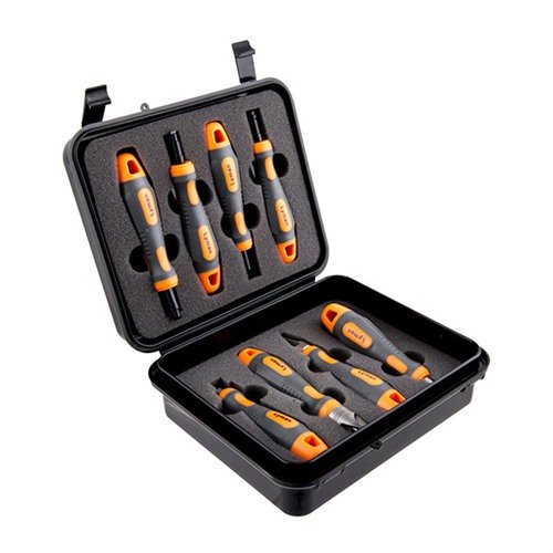 The Lyman Universal Case Prep Accessory Set offers essential tools for case prep, including primer pocket cleaners, reamers, uniformers, and deburring tools, all in one pouch.