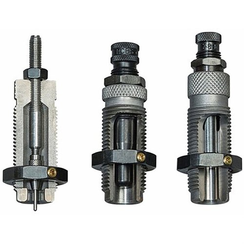 The RCBS 3-Die Carbide Taper Crimp Set for 40 S-W/10 Auto offers a carbide sizer die, eliminating lubrication, plus an expander and seater die for precise loading.