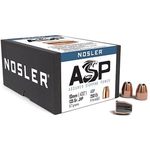Experience superior performance with NOSLER's ASP 10MM 135gr JHP bullets, designed for reliable expansion and accuracy, ideal for self-defense and target shooting.