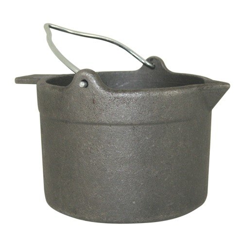 The Lyman 10 LB Cast Iron Lead Pot features a heavy, tip-resistant design, anti-drip spout, and flat bottom for stability, perfect for melting lead with any heat source.