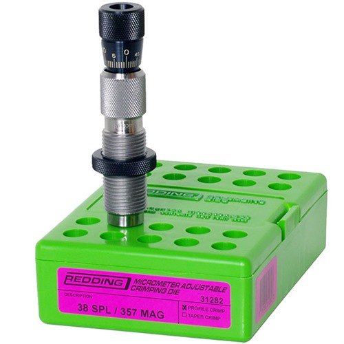 Redding's Adjustable Profile Crimp Die features top adjustment for precise, easy modifications, ideal for progressive presses, with ± .100” adjustments in .001” increments.