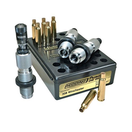 Experience enhanced precision with the Redding 308 Winchester Premium Deluxe Die Set, featuring a Carbide Size button for effortless resizing and a Bullet Micrometer for accurate seating.