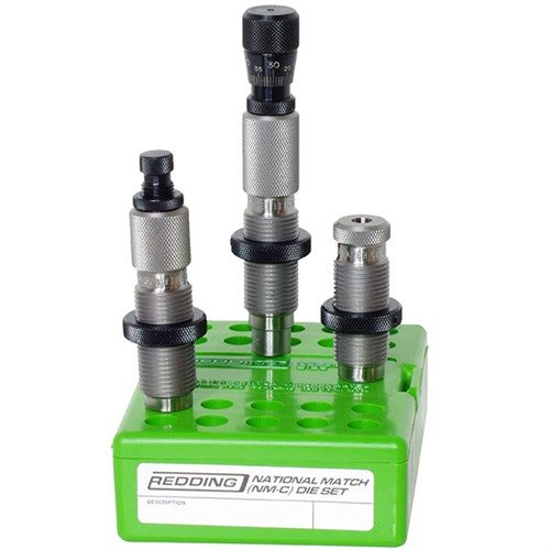 The Redding 6.5mm Creedmoor National Match Die Set includes a Full Length Sizing Die, Taper Crimp Die, and Competition Bullet Seater for precision shooting.