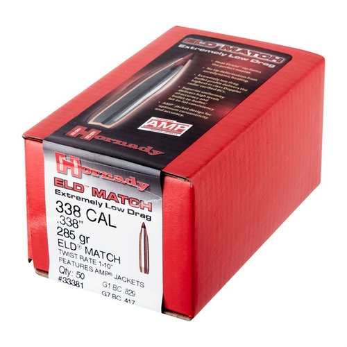 .338" 285 grain ELD Match bullets feature Heat Shield tips for superior accuracy, high ballistic coefficients, and exceptional consistency for long-range shooting.
