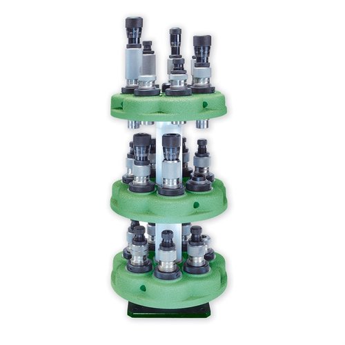 The Redding Turret Stacker efficiently stores extra turret heads, preserving die adjustments and preventing damage to decapping rods, with spacers for stacking up to three turrets.