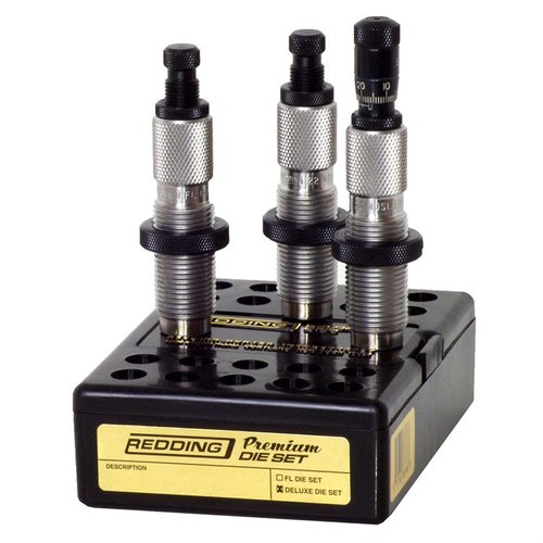 The Redding 6.5 Creedmoor Premium Deluxe Die Set includes a Full Length sizing die, a Micrometer Seating Die, and a Neck Sizing Die for enhanced handloading.