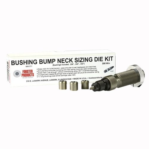 Achieve precise neck tension control with Forster's Bushing Bump Neck Die Kit, featuring a polished sizing die and three expertly selected bushings.