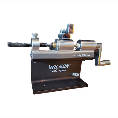 The L.E. Wilson Case Trimmer Kit trims .17 - .45 caliber cases with a durable stainless finish, includes a stand and clamp, and features major stop screw adjustments.