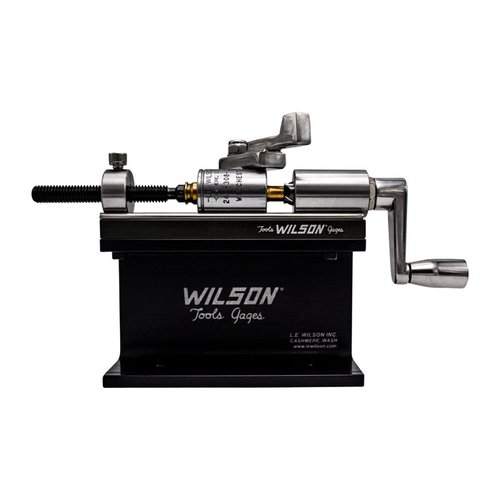 The L.E. Wilson Case Trimmer Kit includes a stand and clamp, trims .17 - .45 caliber cases, features a durable stainless/TiN finish, and offers major stop screw adjustments.