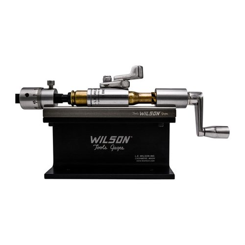 The L.E. Wilson .50 BMG Microstop Case Trimmer Kit offers precise trimming, a longer base for larger cases, and essential tools for quality reloaded brass.