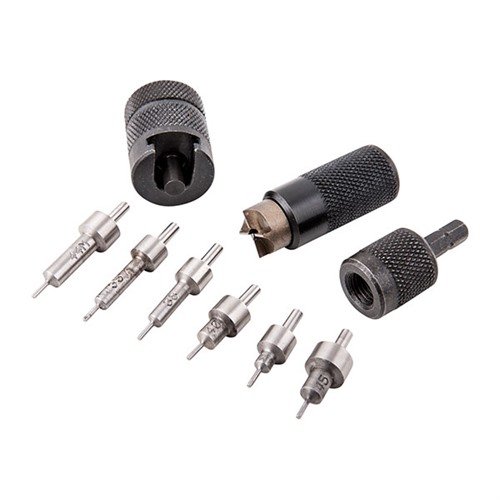 The Lyman E-ZEE TRIM Handgun Set offers precision trimming by hand or power, includes multiple caliber pilots, and is compatible with standard shell holders.