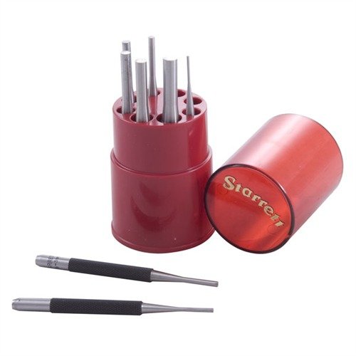 The Starrett 8-Piece Pin Punch Set features precision-ground tool steel, ergonomic knurled grips, and clear size markings for reliable pin removal in gunsmithing.