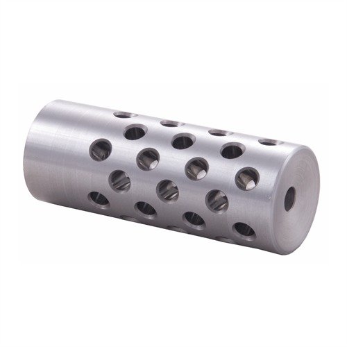 The Shrewd #4 Muzzle Brake features 42 ports for maximum recoil control, reduces muzzle rise, and is compatible with bullets up to .44 caliber, requiring gunsmithing.