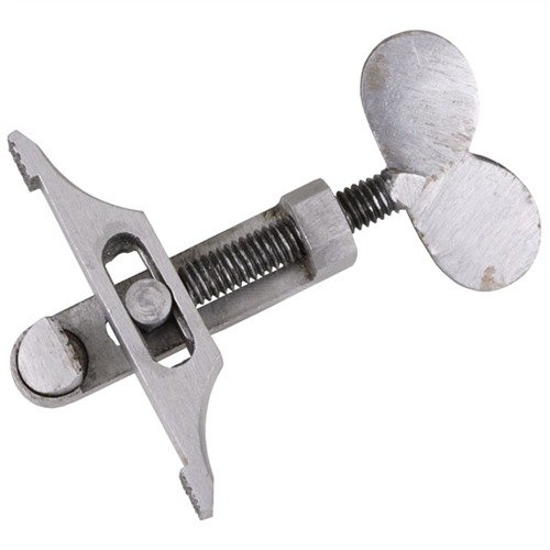 Effortlessly compress tough 'V' springs with the improved TRACK OF THE WOLF Mainspring Vise, featuring adjustable jaws and a wide turnkey for secure handling.