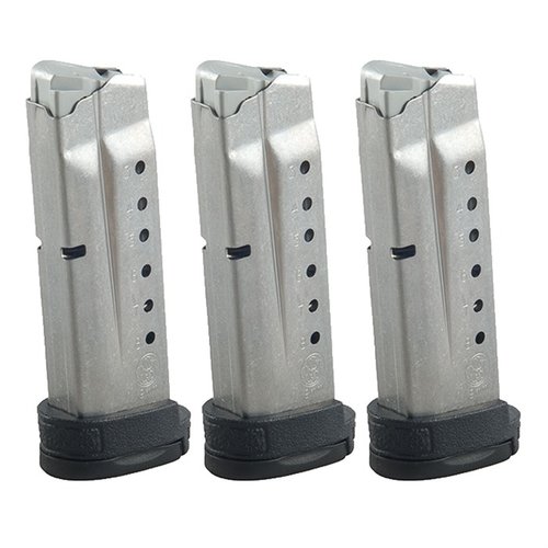 Smith & Wesson M&P Shield 9mm magazines offer 7 or 8 round capacities, steel construction, and an extended base-plate for enhanced grip, perfect for reliable performance.