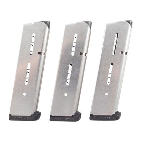 The Wilson Combat 47D Series .45 ACP magazines offer reliable performance with an 8-round capacity, featuring a stainless steel finish for durability.