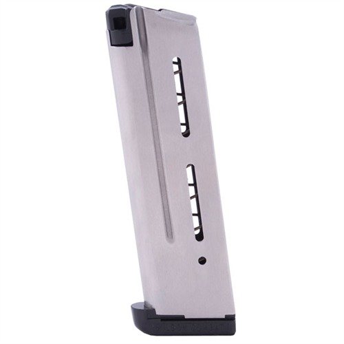 The Wilson Combat 1911 9RD 10MM magazine features a durable 17-7 stainless steel construction, reliable metal follower, and easy-clean removable base pad.
