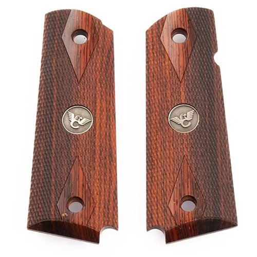 Enhance your 1911 with Wilson Combat Cocobolo Grips featuring 20 lpi checkering, ambidextrous safety relief cut, and a stunning bronze medallion.